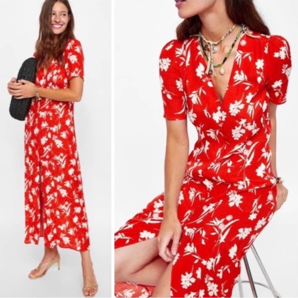 Zara red floral print front button dress - Size medium